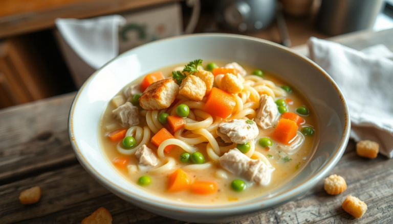 Creamy chicken noodle soup with mini croutons